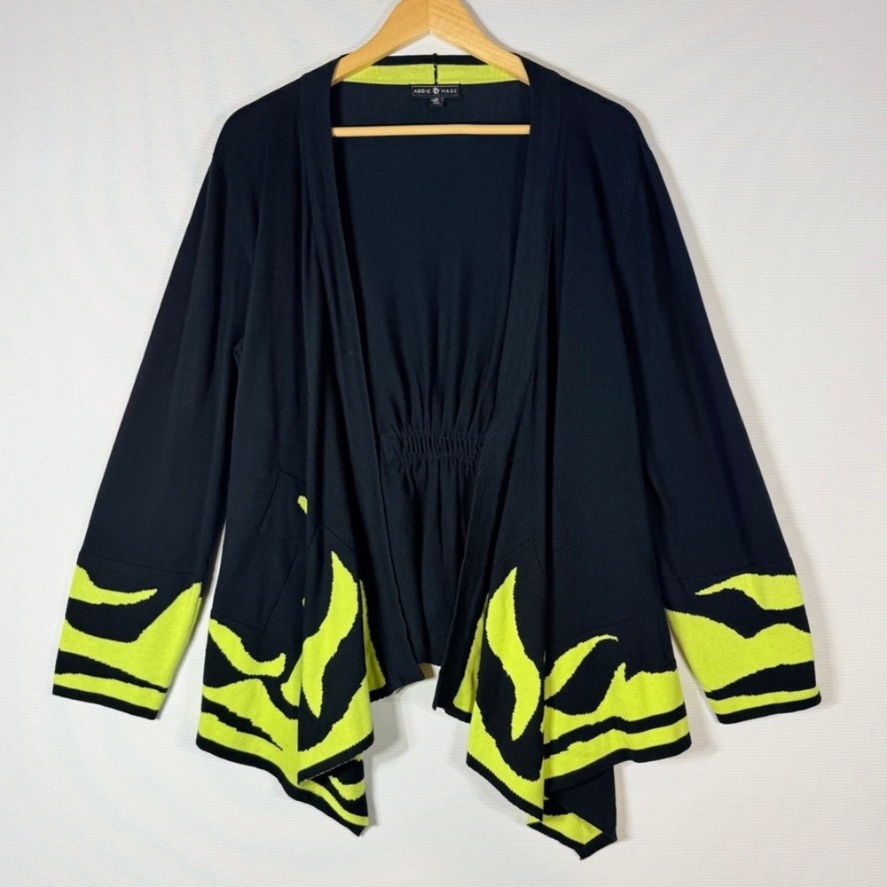 Abbie Mags‎ Large Cardigan Black Lime Womens Open Front Artsy Modern Abstract